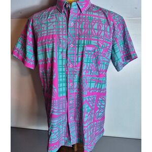 Retro Rifle Mens Hawaiian High Tide Button-Up Stretch Shirt L Teal Pink